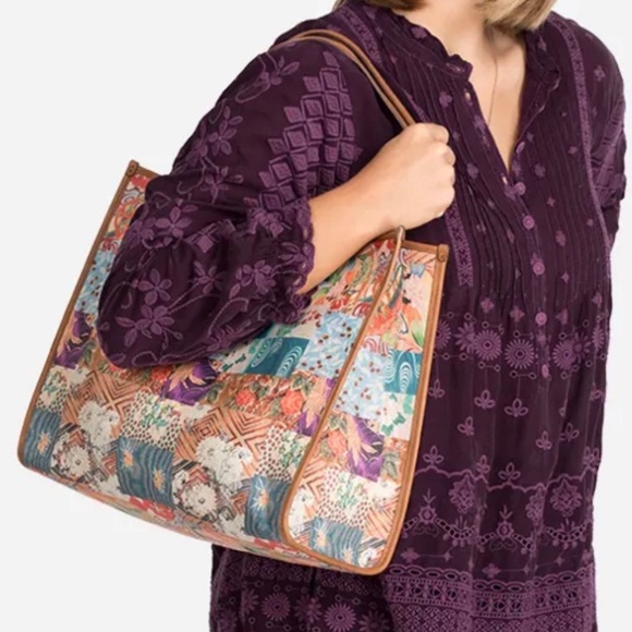 🆕 Johnny Was Grace Iconic Patchwork Tote Bag Tan Leather Iconic Patchwork Design - Picture 7 of 16
